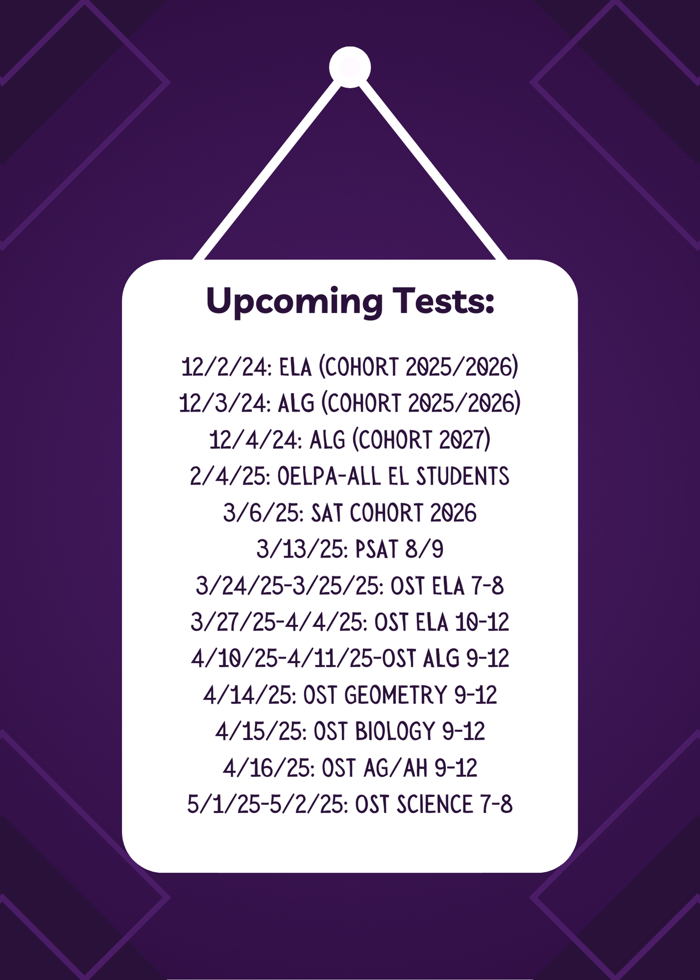 Banner Listing all Upcoming Tests